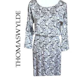 Thomas Wylde Black White Silk Skull Dress Cinched Waist Unfinished Hem Sz Medium